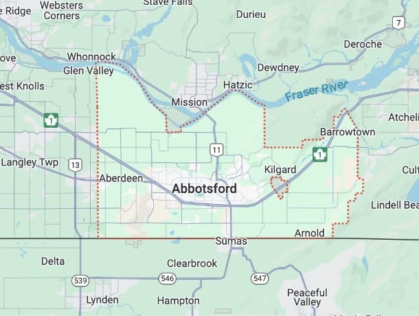 Map of Abbotsford and the surrounding Fraser Valley service area